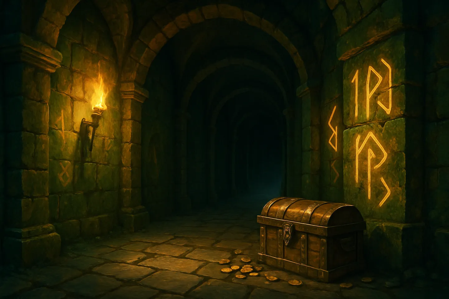 A torchlit stone corridor with glowing runes and a banded chest