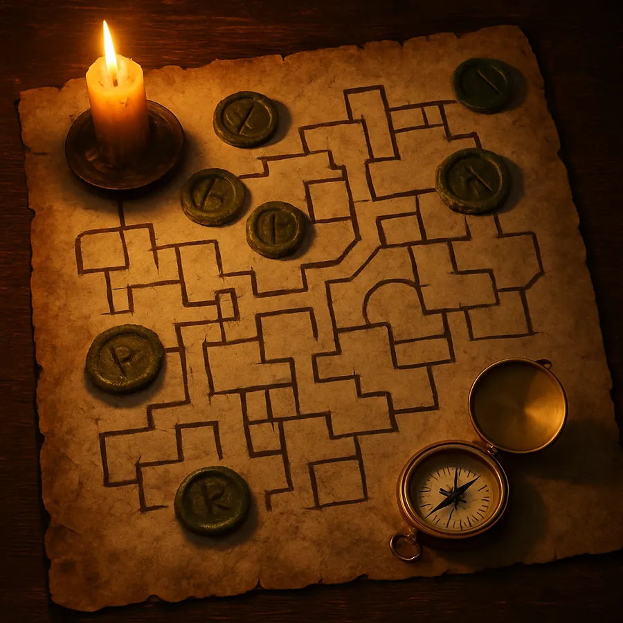 An aged dungeon map with rune tokens and a burning candle